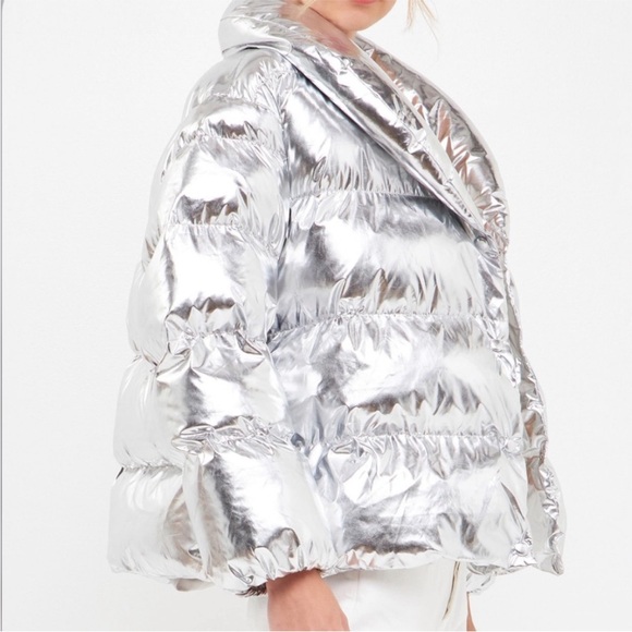 📌 NWT Endless Rose silver faux down padded design metallic puff jacket - Picture 2 of 4